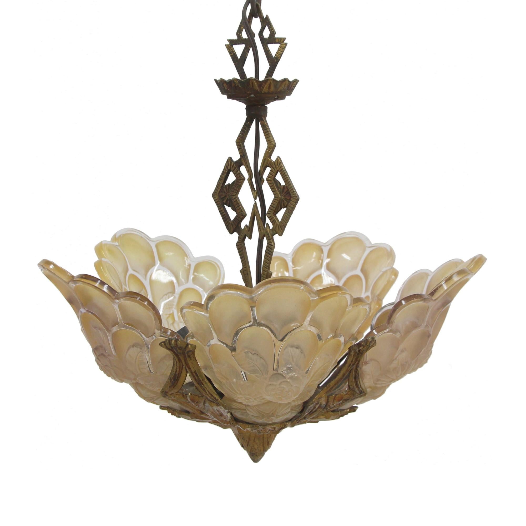American 1930s Art Deco Floral Slip Shade Chandelier with 5 Lights