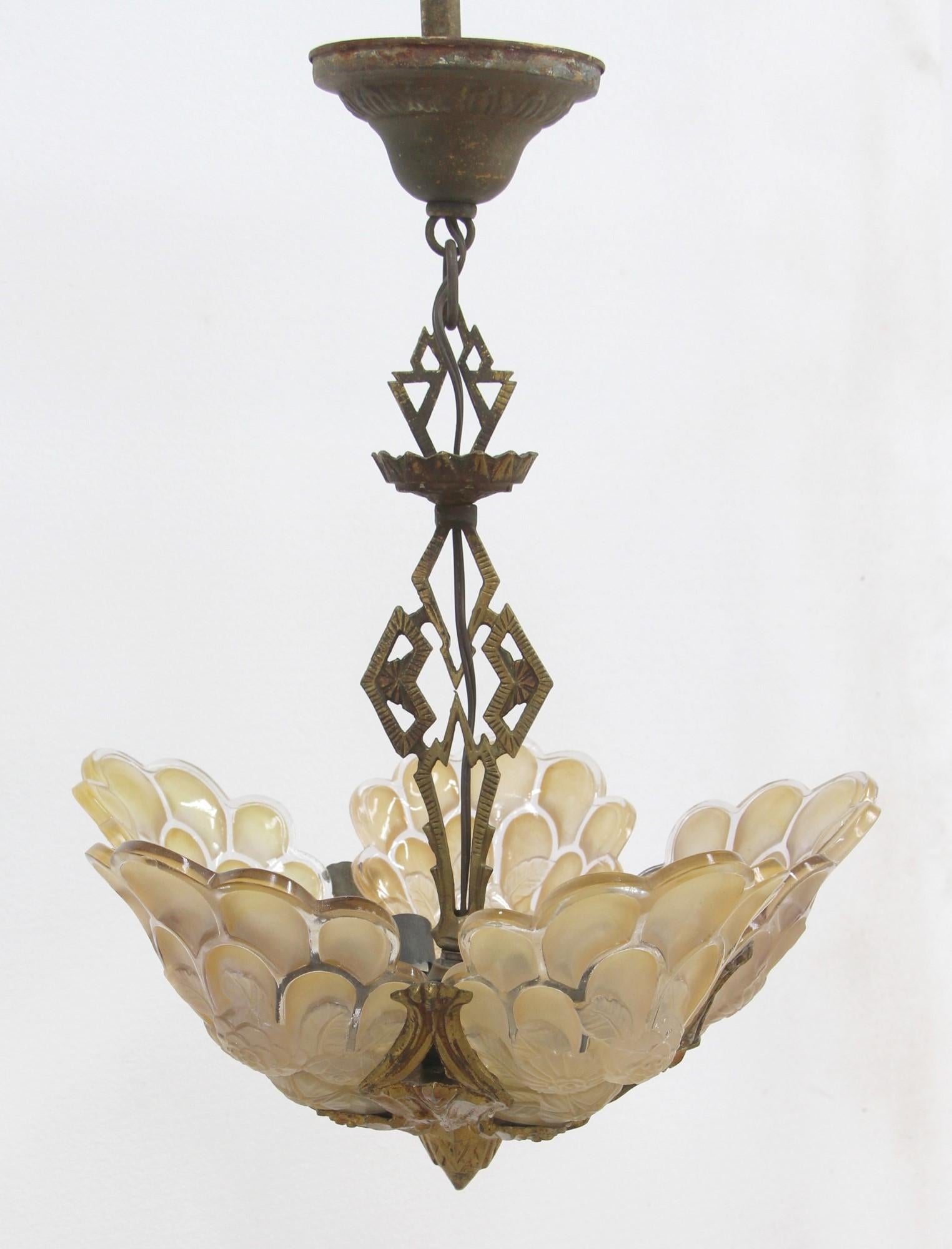 Mid-20th Century 1930s Art Deco Floral Slip Shade Chandelier with 5 Lights