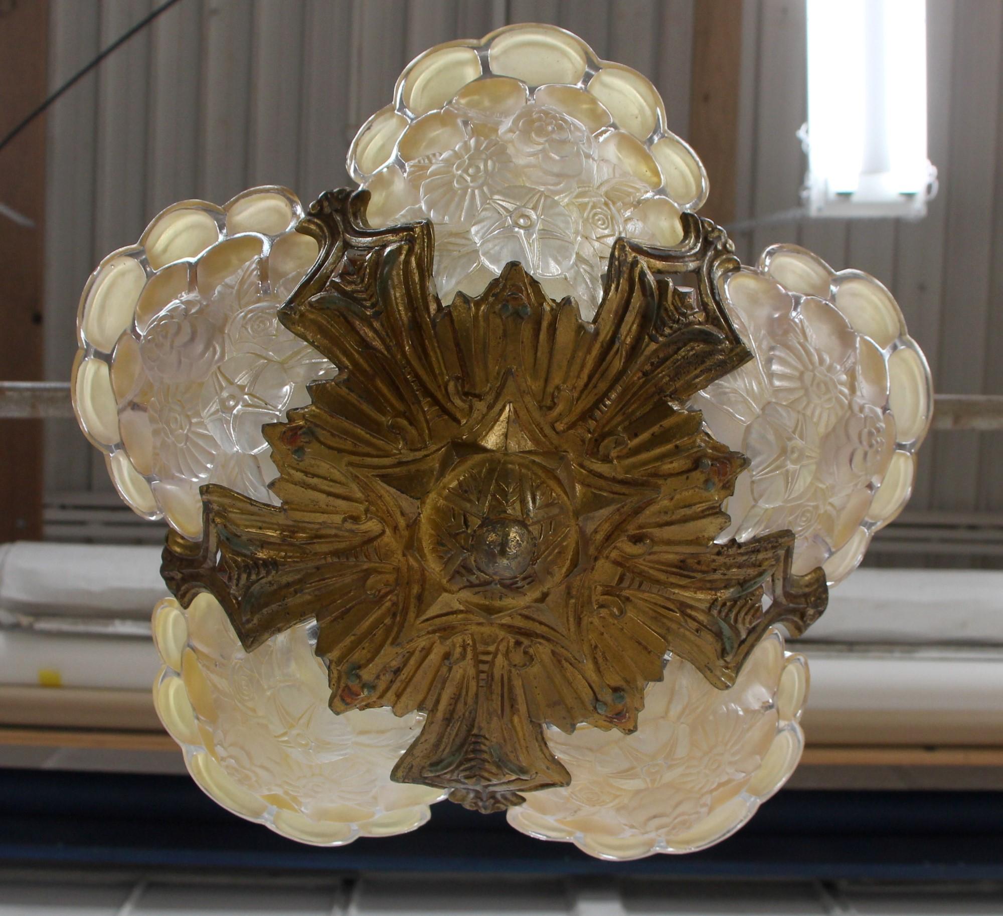 Metal 1930s Art Deco Floral Slip Shade Chandelier with 5 Lights