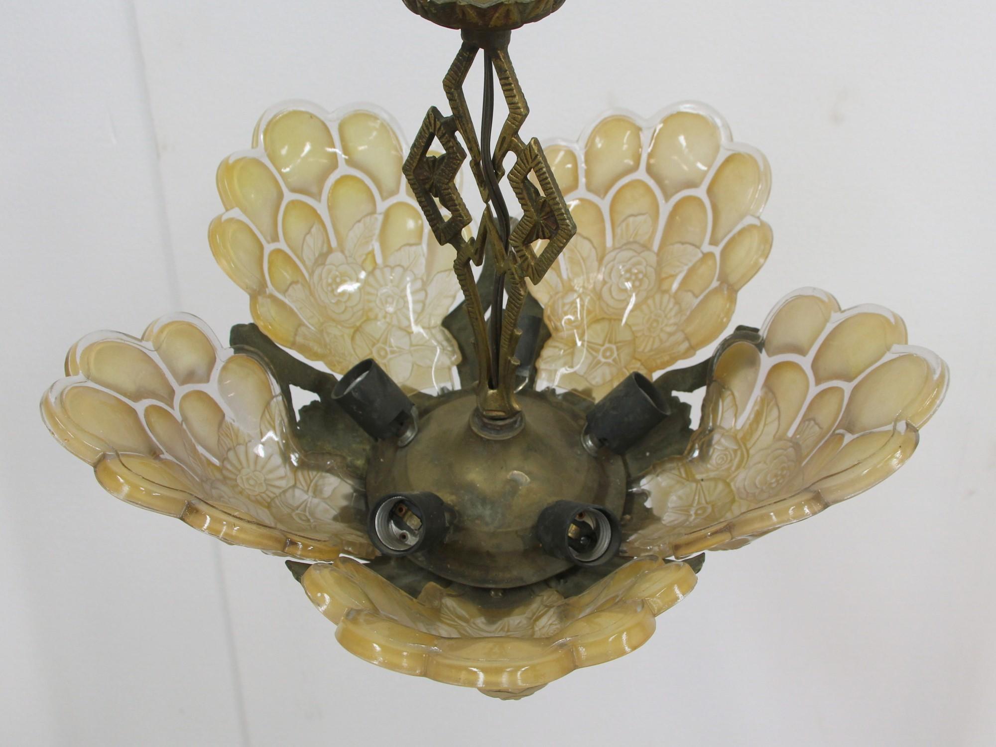 1930s Art Deco Floral Slip Shade Chandelier with 5 Lights 2