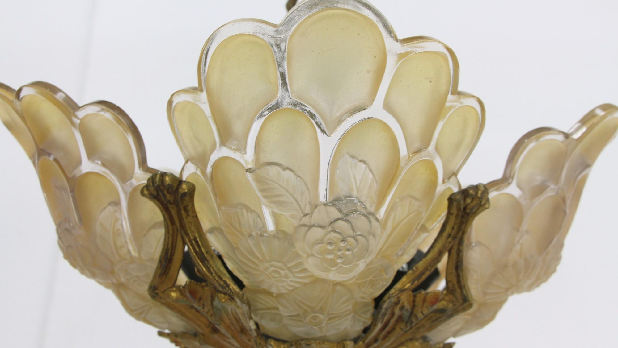 1930s Art Deco Floral Slip Shade Chandelier with 5 Lights 3