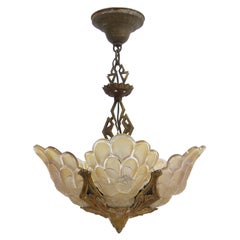 Vintage 1930s Art Deco Floral Slip Shade Chandelier with 5 Lights