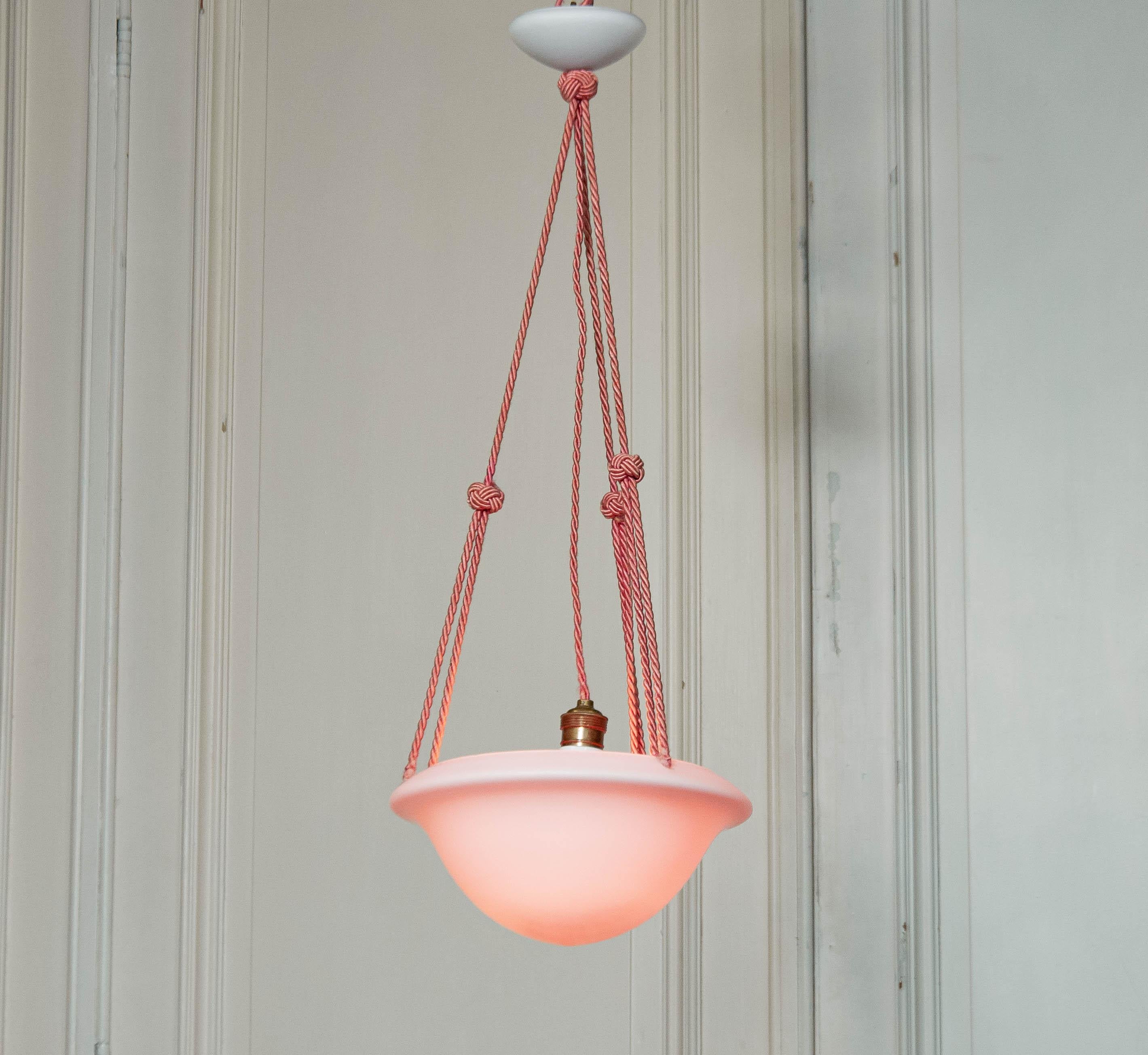 Mid-20th Century 1930s Art Deco France Pink Frosted Glass Pendant For Sale