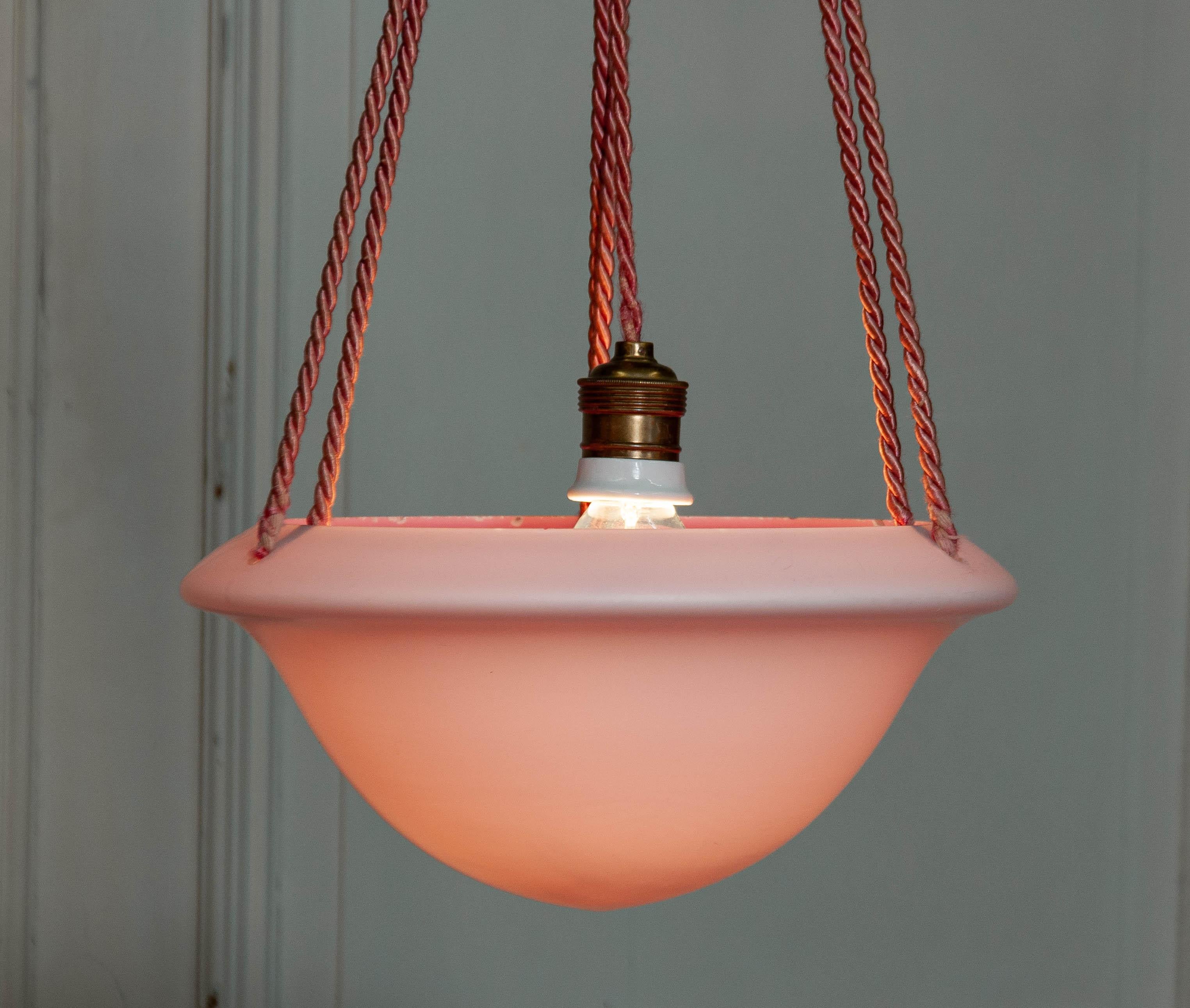 Cord 1930s Art Deco France Pink Frosted Glass Pendant For Sale