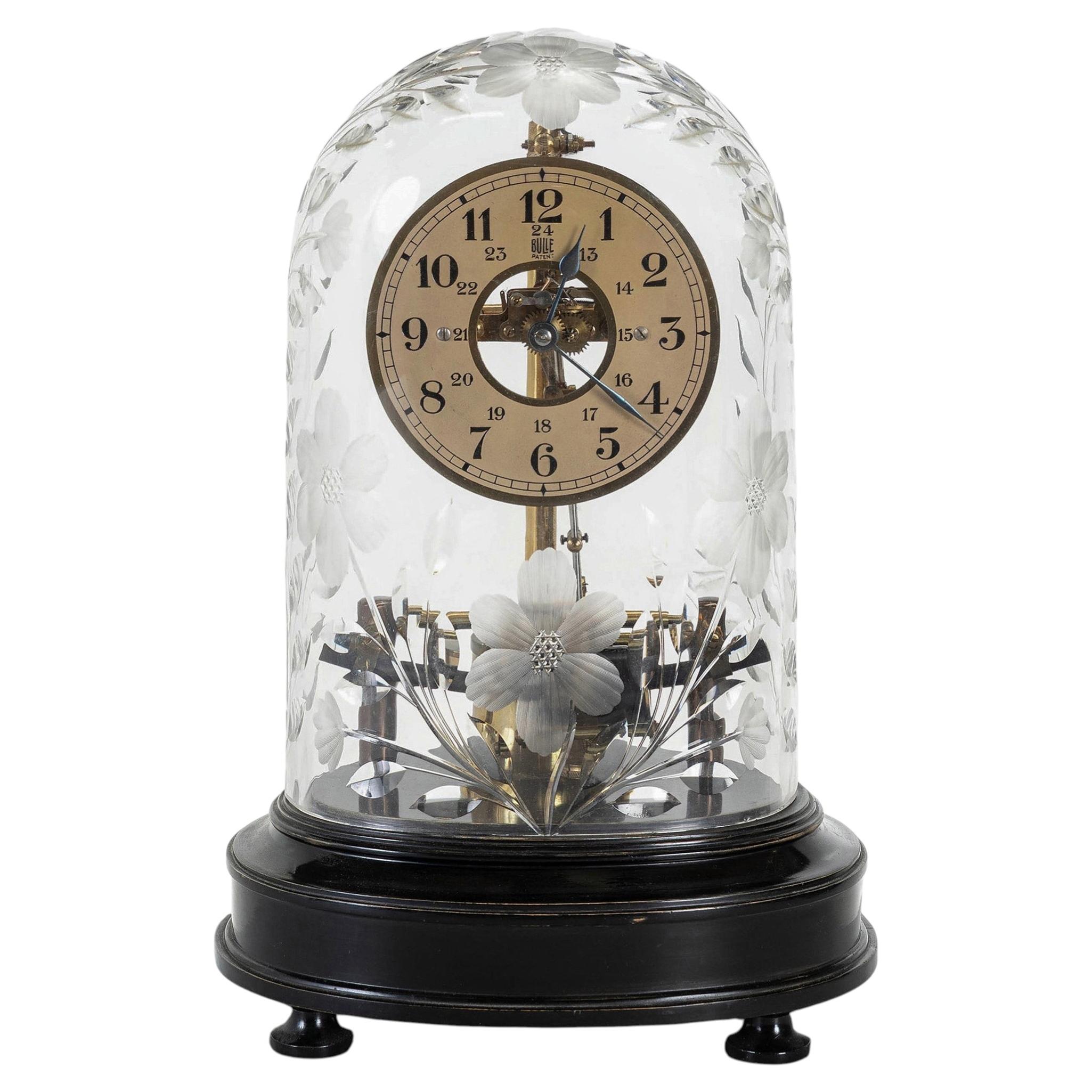 1930s Art Deco French Bulle Electromagnetic Clock Swedish Cut Crystal Glass Dome
