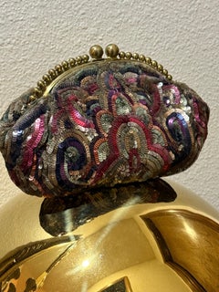 1930s Art Deco French Embroidered Multi-Color Sequin Minaudiere w Brass Frame