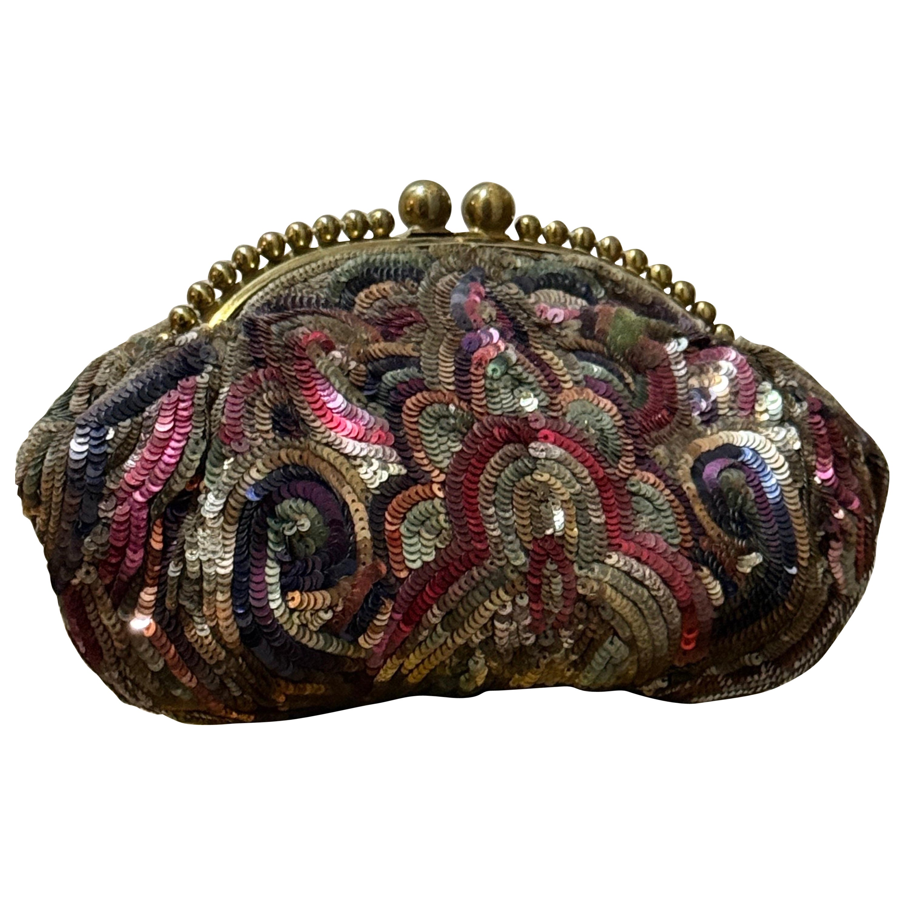 1930er Jahre Art Deco Französisch bestickt Multi-Color Pailletten Minaudiere w Messingrahmen im Angebot