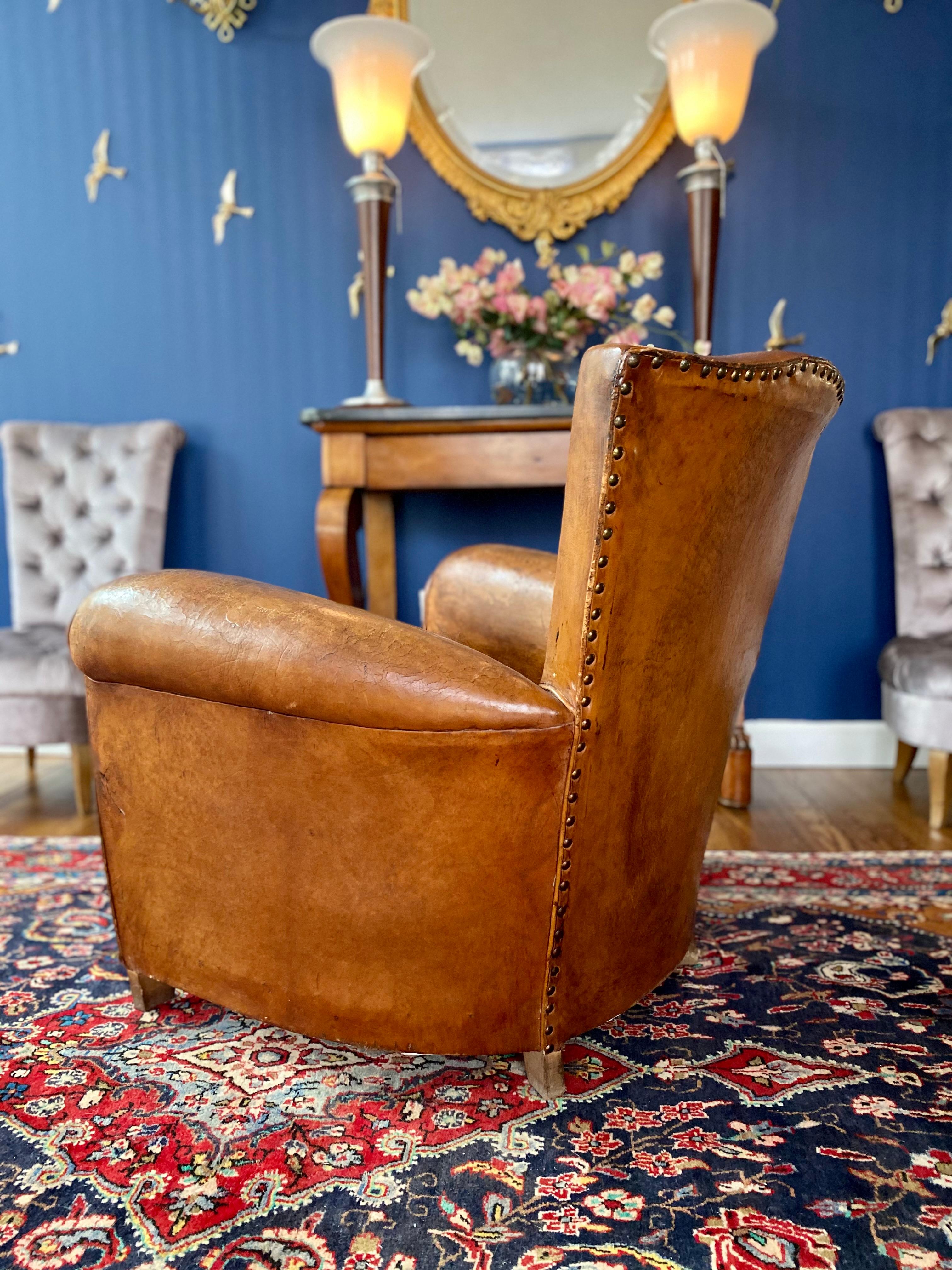 1930s Art Deco French Leather Club Chair, Christian Lacroix, France 1