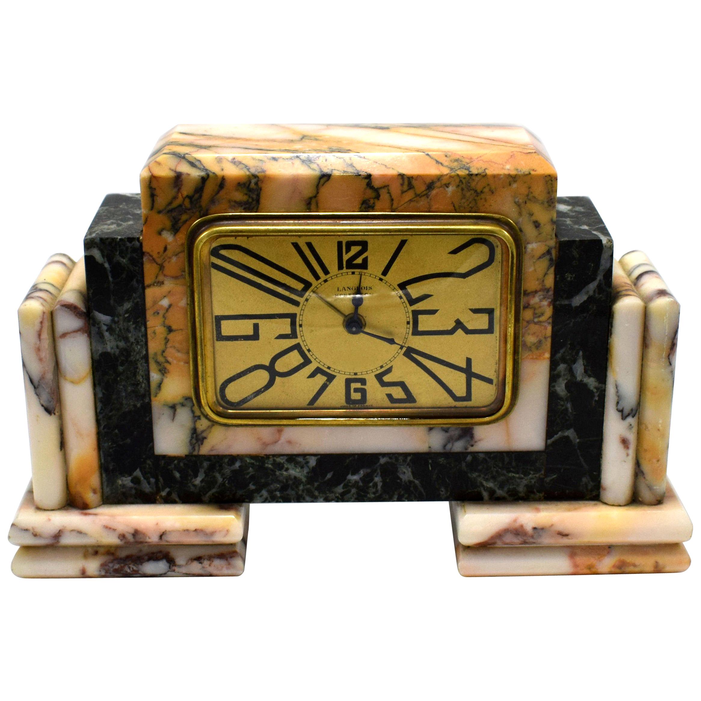 1930s Art Deco French Marble Clock by Langlois