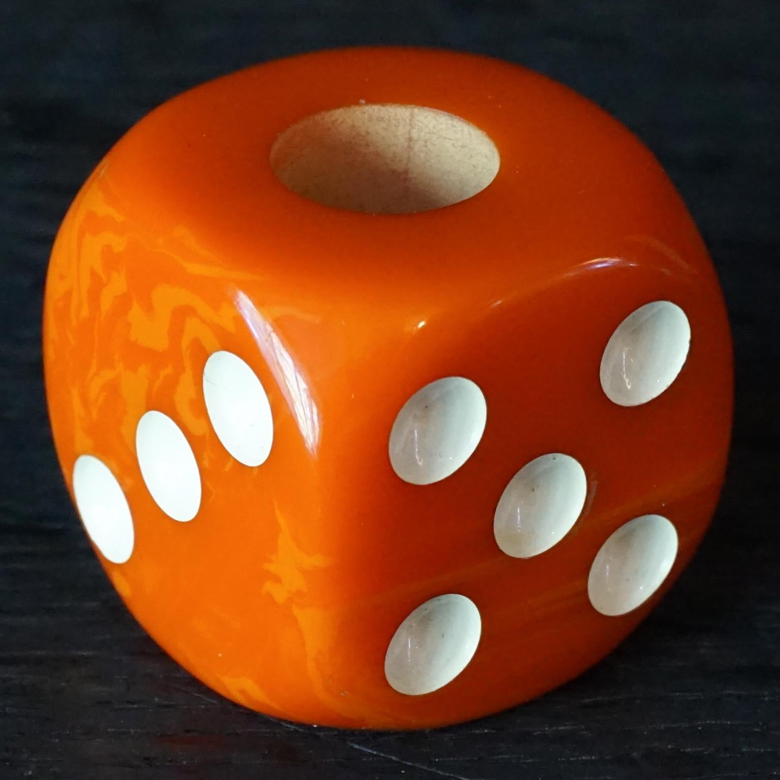 1930s Art Deco French Orange Bakelite Dice Holder with 8 Dice Cocktail Picks 8