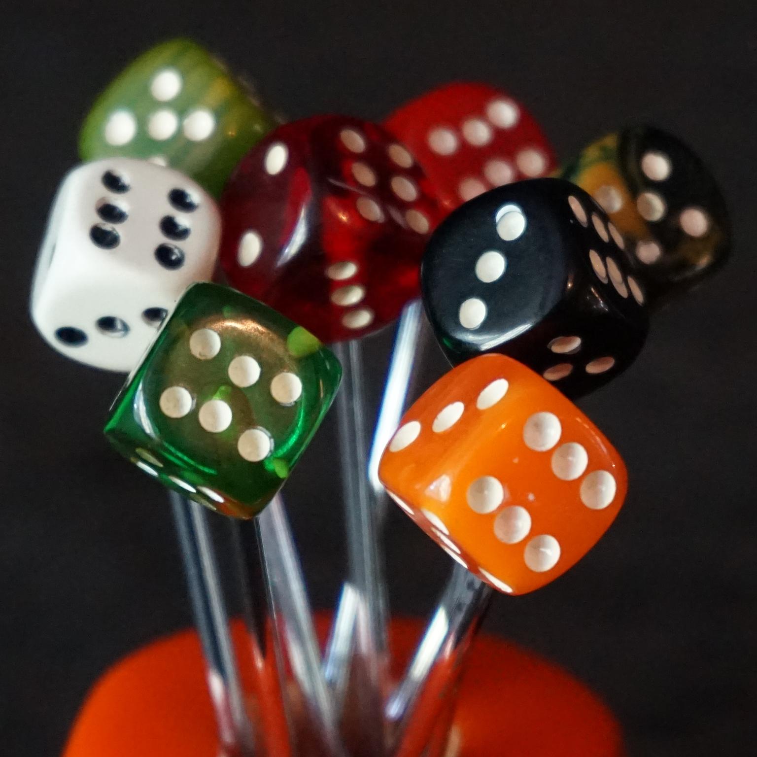 1930s Art Deco French Orange Bakelite Dice Holder with 8 Dice Cocktail Picks 1