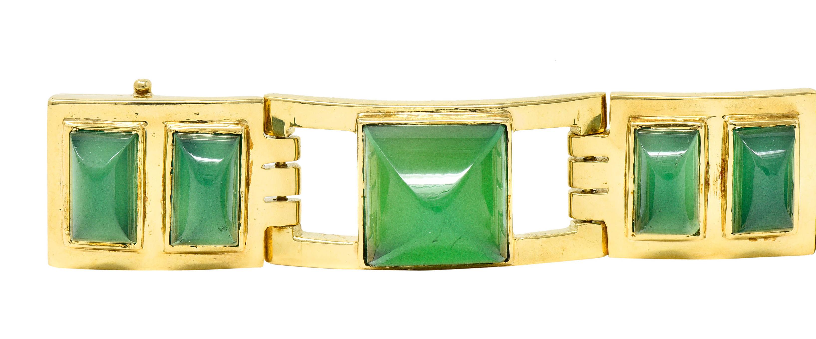 1930's Art Deco French Sugarloaf Chrysoprase 18 Karat Gold Link Bracelet 6
