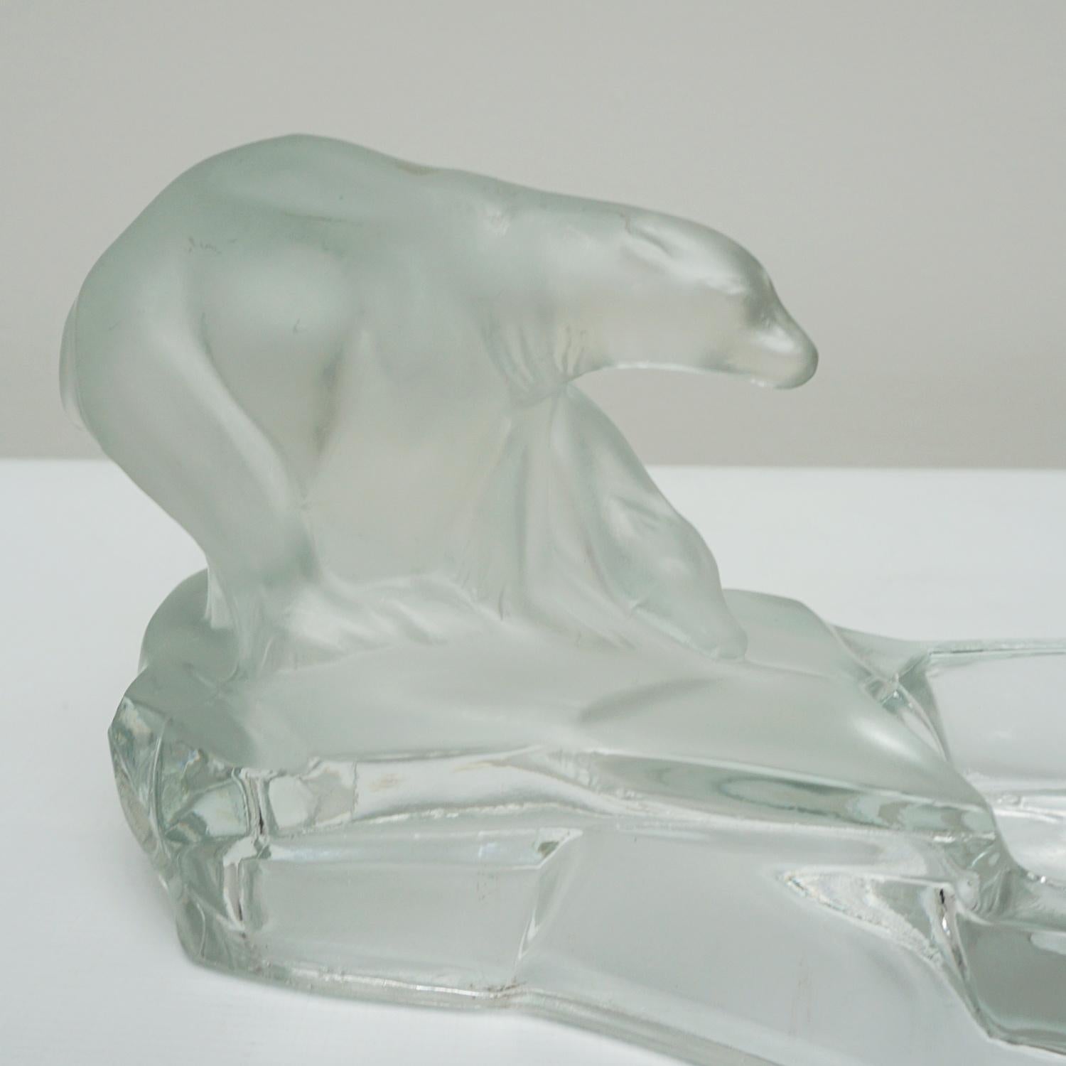 Czech 1930's Art Deco Frosted and Clear Glass Polar Bear Ashtray