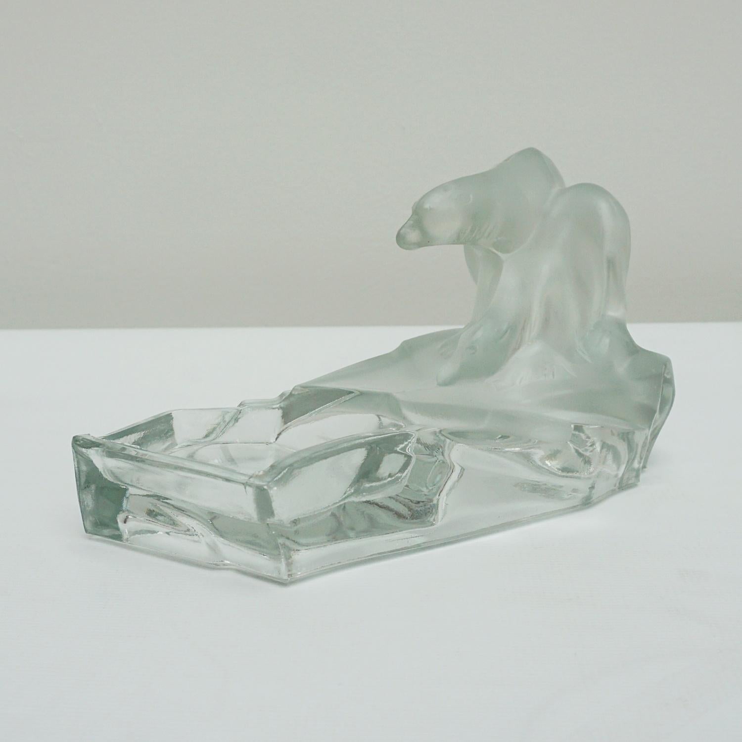 1930's Art Deco Frosted and Clear Glass Polar Bear Ashtray 2