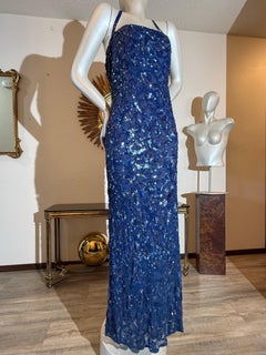 1930s Art Deco Fully Sequined Cobalt Blue Silk Chiffon Halter Mermaid Gown