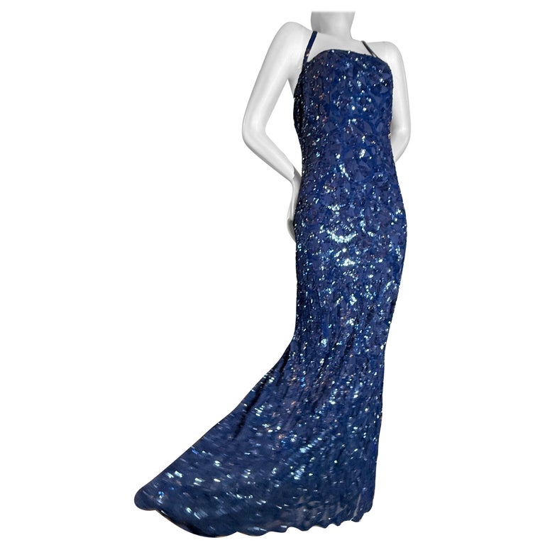 1930s Art Deco Fully Sequined Cobalt Blue Silk Chiffon Halter Mermaid Gown