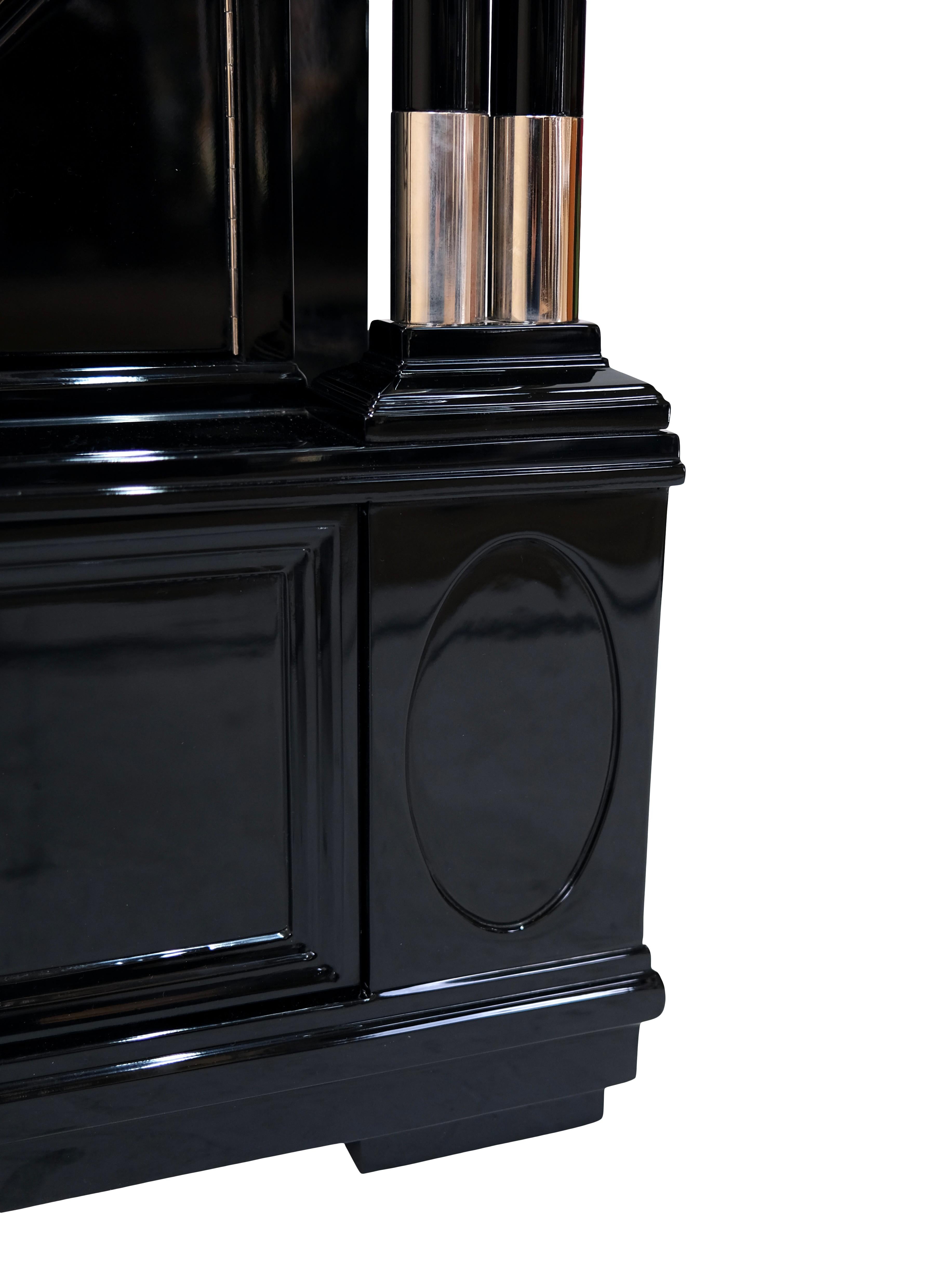 Mid-20th Century 1930s Art Deco Furniture with Columns in Black Lacquer with Nickeled Details