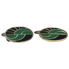 1930s Art Deco Gent's Matching Pair of Green and Black Enamel Cufflinks