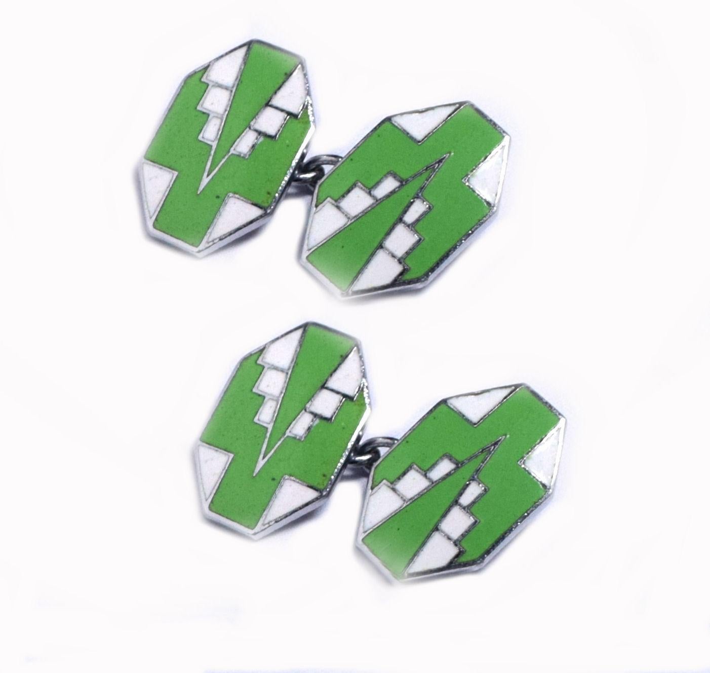 A rare find are these totally original enamel gents matching cufflinks dating from the 1930s. Great Art Deco geometric styling and color, can't be confused with any other era can they? Vivid bright pea green and white enamelling on a bright chromed