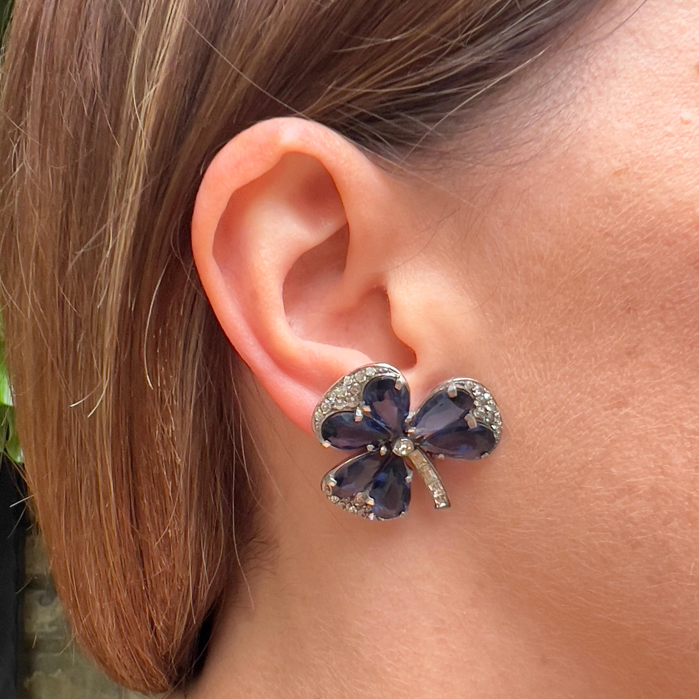 1930s Art Deco German Silver, Paste and Blue Glass Vintage Clover Earrings For Sale 6