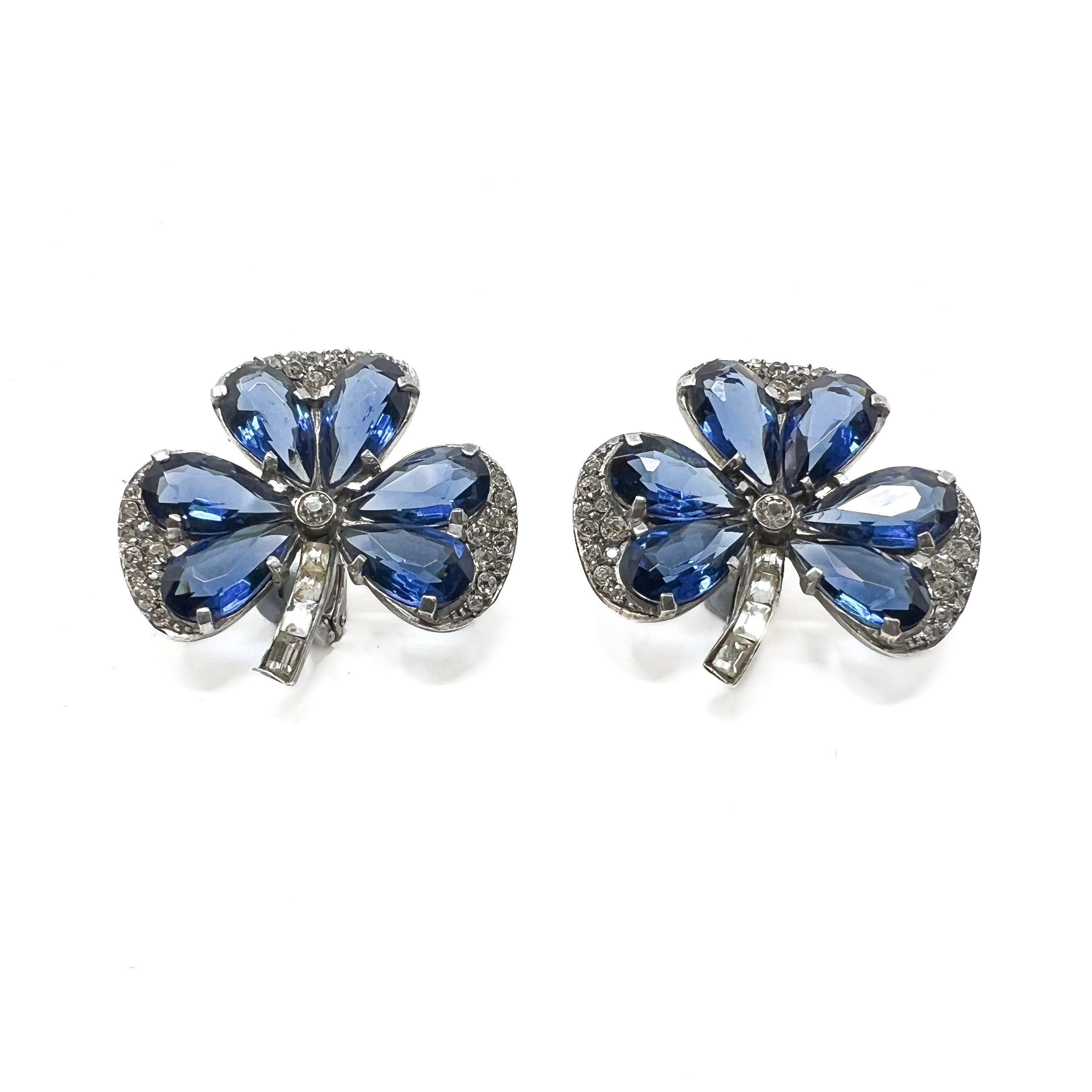 1930s Art Deco German Silver, Paste and Blue Glass Vintage Clover Earrings In Excellent Condition For Sale In Skelmersdale, GB