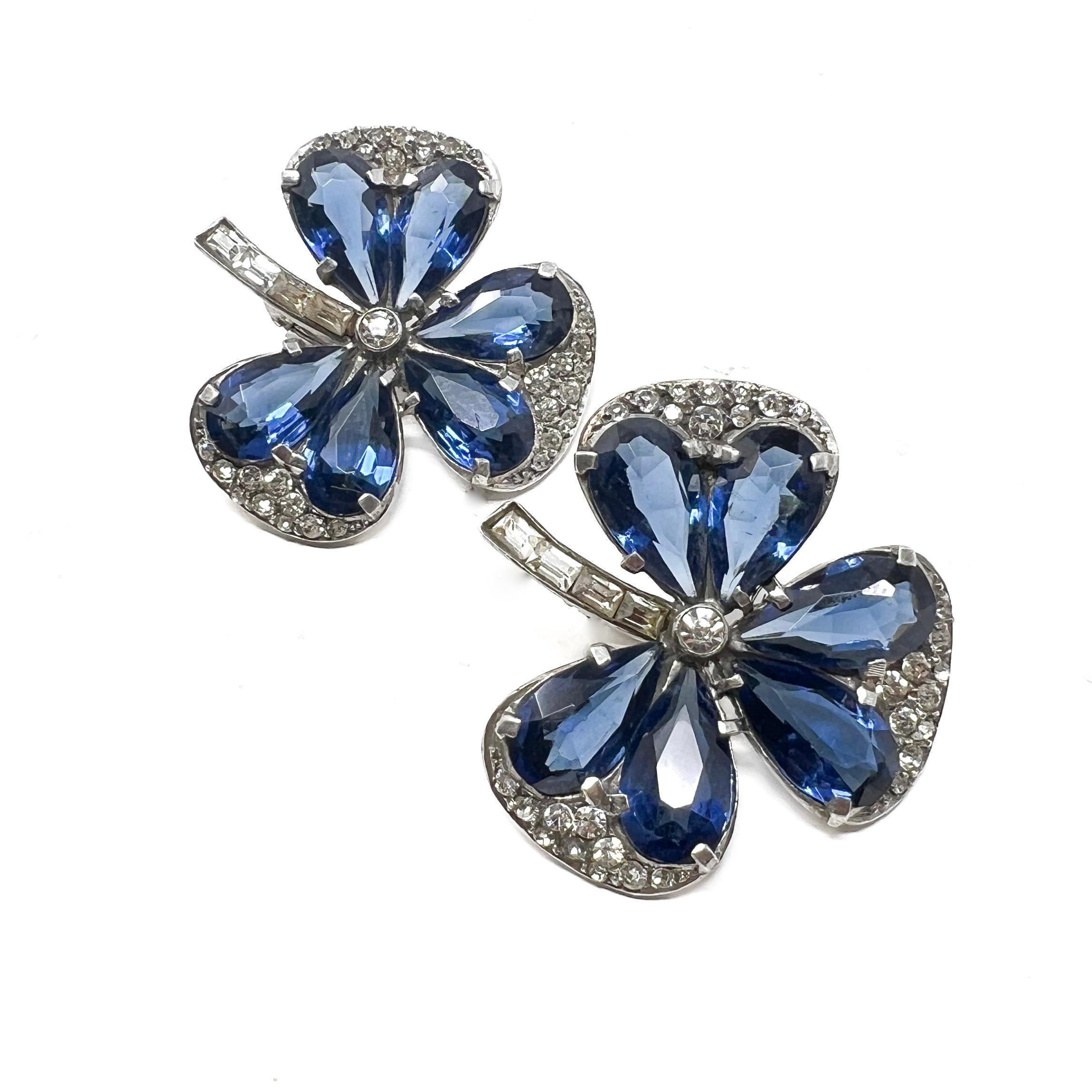 Women's 1930s Art Deco German Silver, Paste and Blue Glass Vintage Clover Earrings For Sale