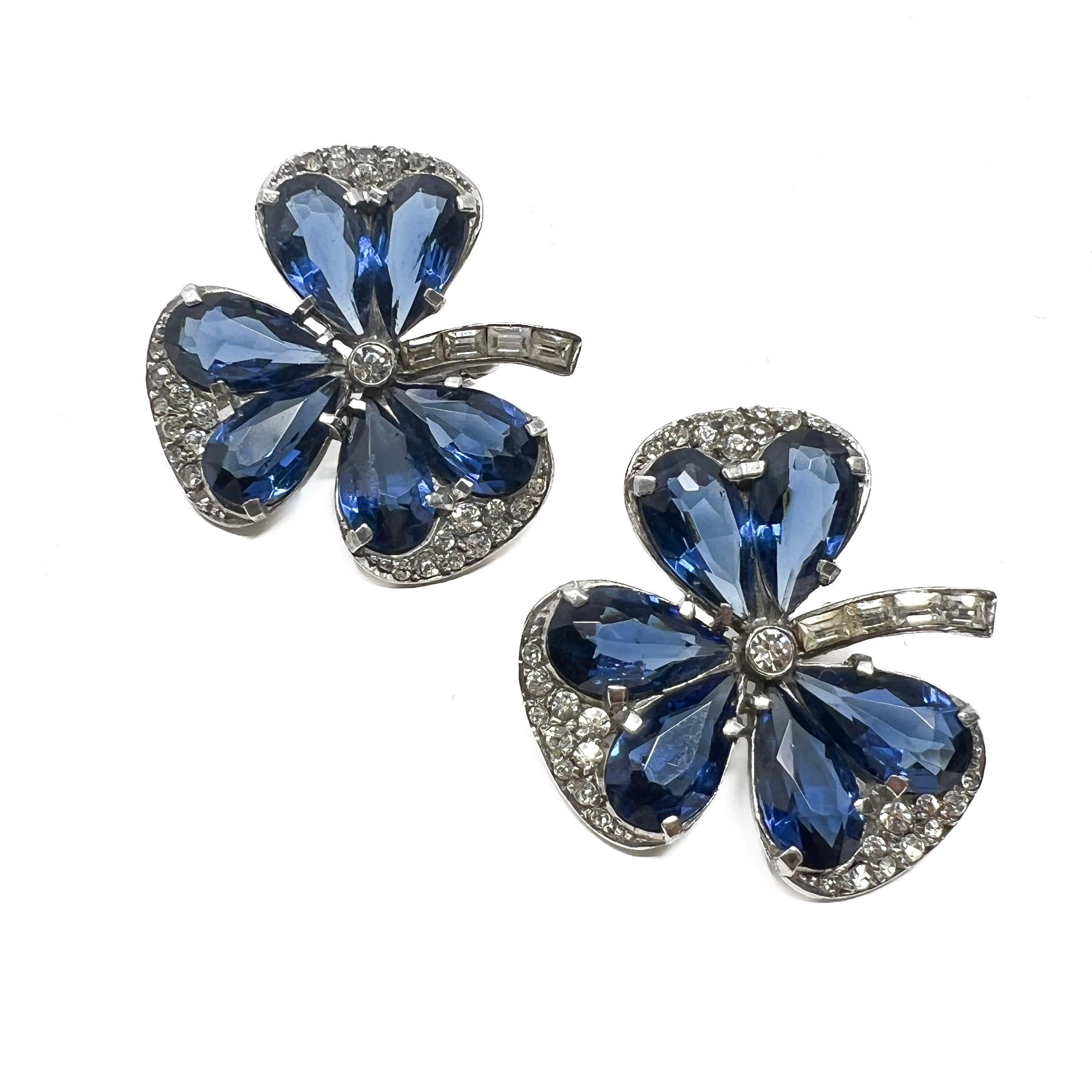 1930s Art Deco German Silver, Paste and Blue Glass Vintage Clover Earrings For Sale 1