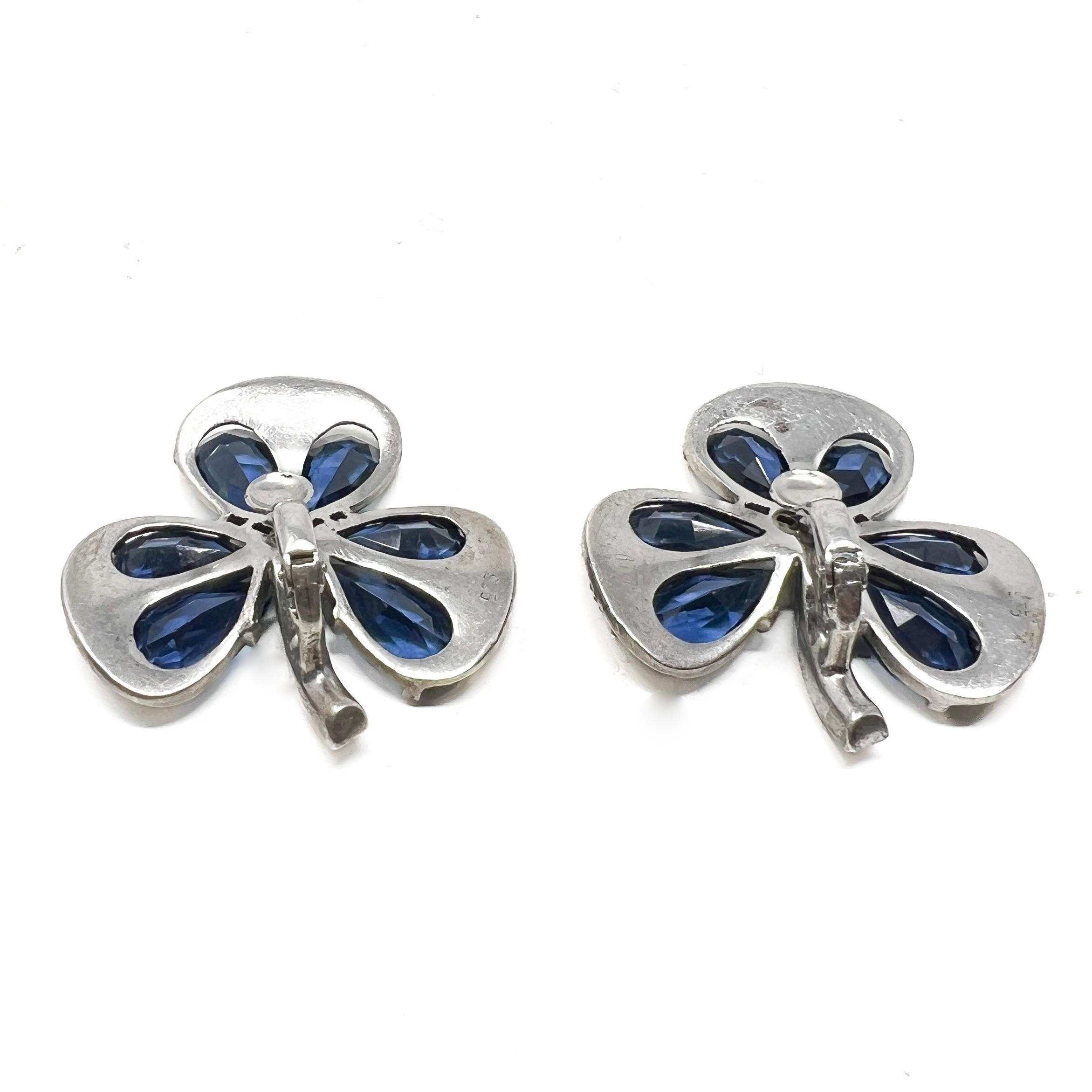 1930s Art Deco German Silver, Paste and Blue Glass Vintage Clover Earrings For Sale 2