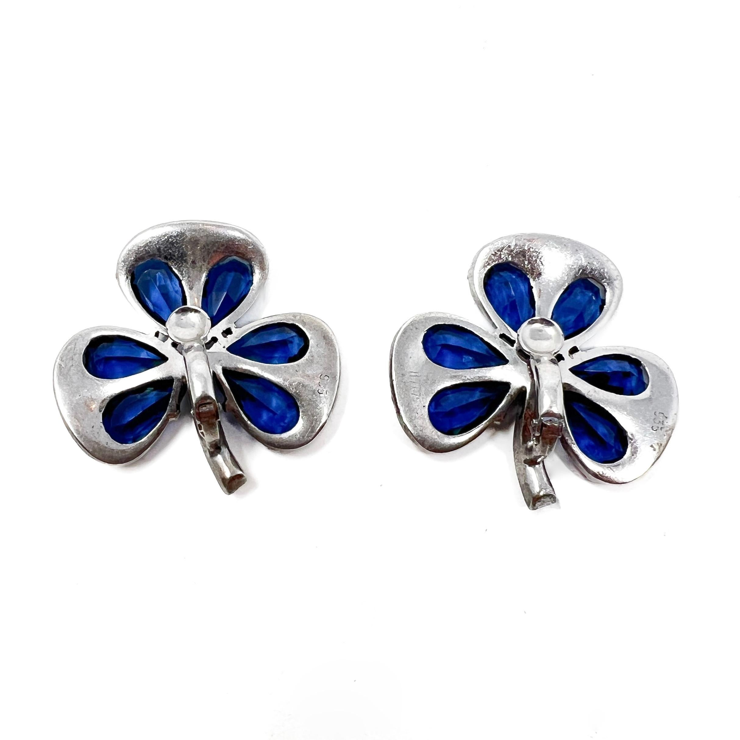 1930s Art Deco German Silver, Paste and Blue Glass Vintage Clover Earrings For Sale 3