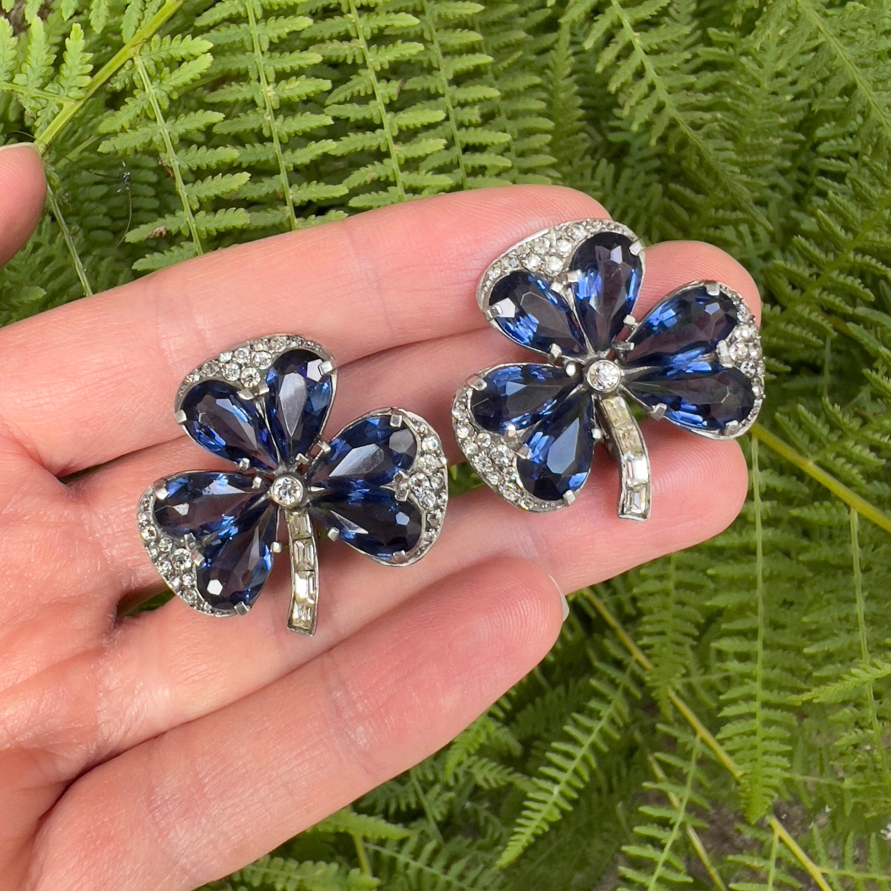 1930s Art Deco German Silver, Paste and Blue Glass Vintage Clover Earrings For Sale 4