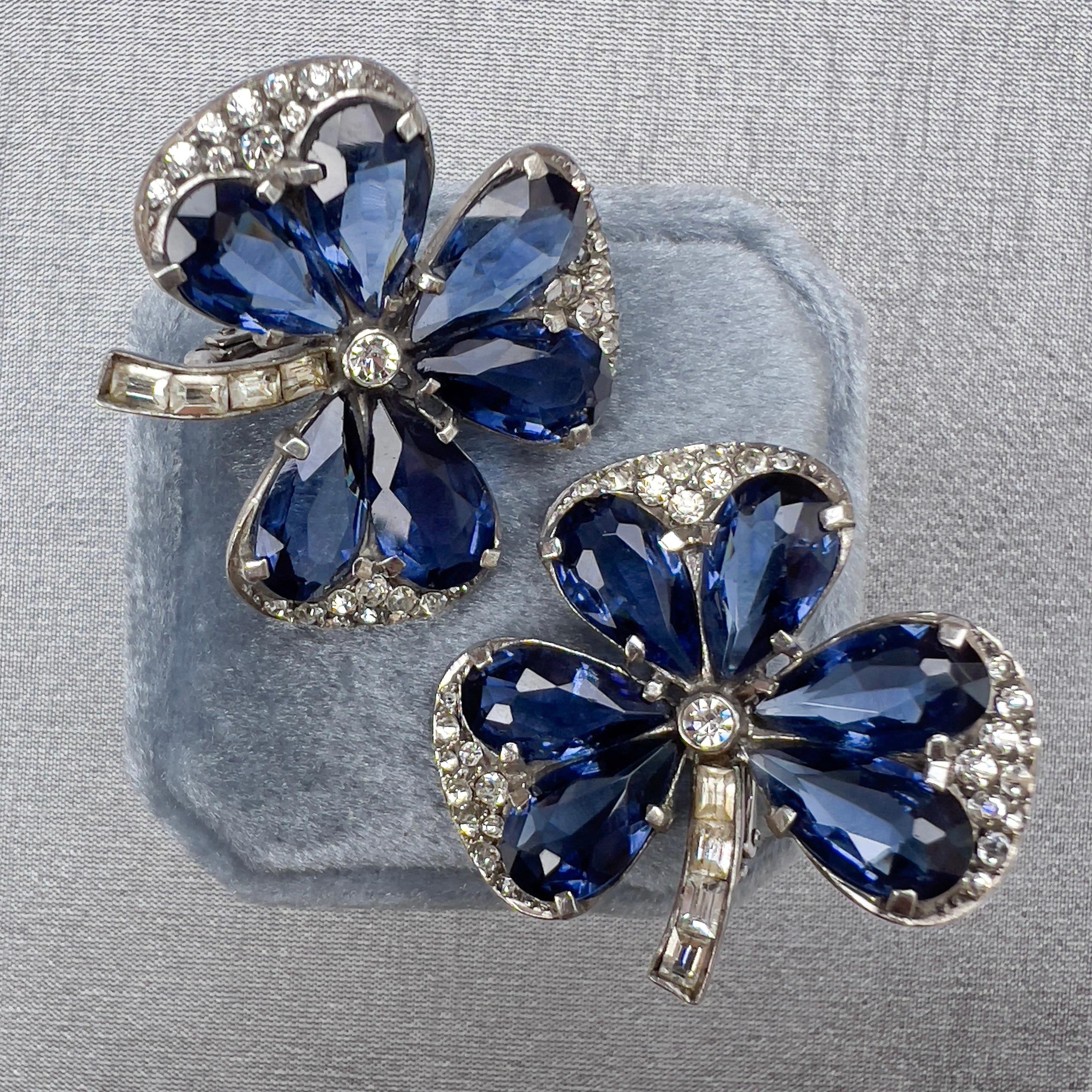 1930s Art Deco German Silver, Paste and Blue Glass Vintage Clover Earrings For Sale 5