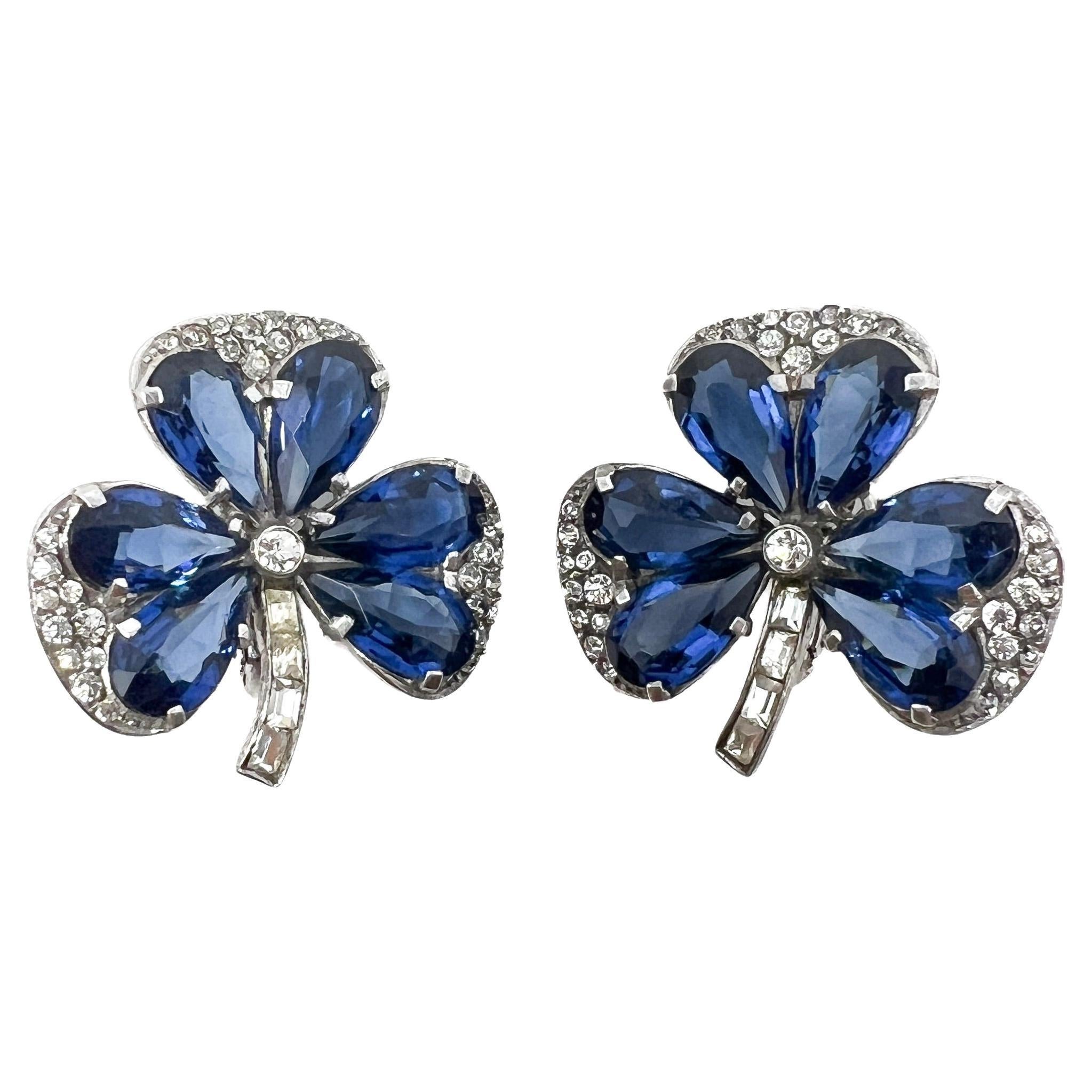 1930s Art Deco German Silver, Paste and Blue Glass Vintage Clover Earrings
