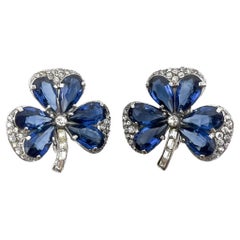 1930s Art Deco German Silver, Paste and Blue Glass Vintage Clover Earrings