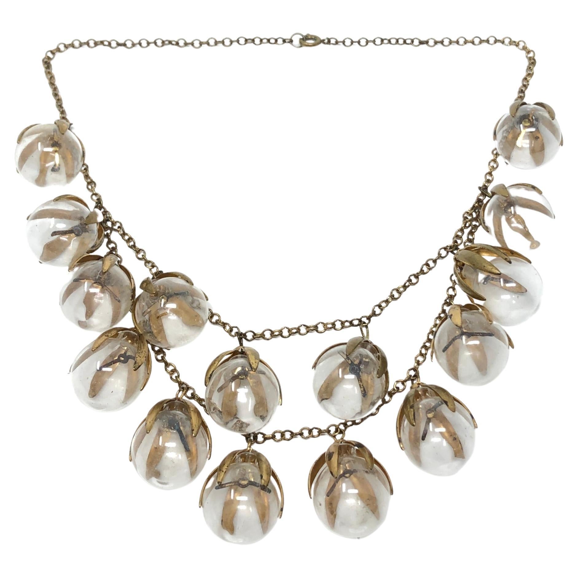 Women's 1930s Art Deco Gilded Metal Vintage Glass Bauble Necklace For Sale