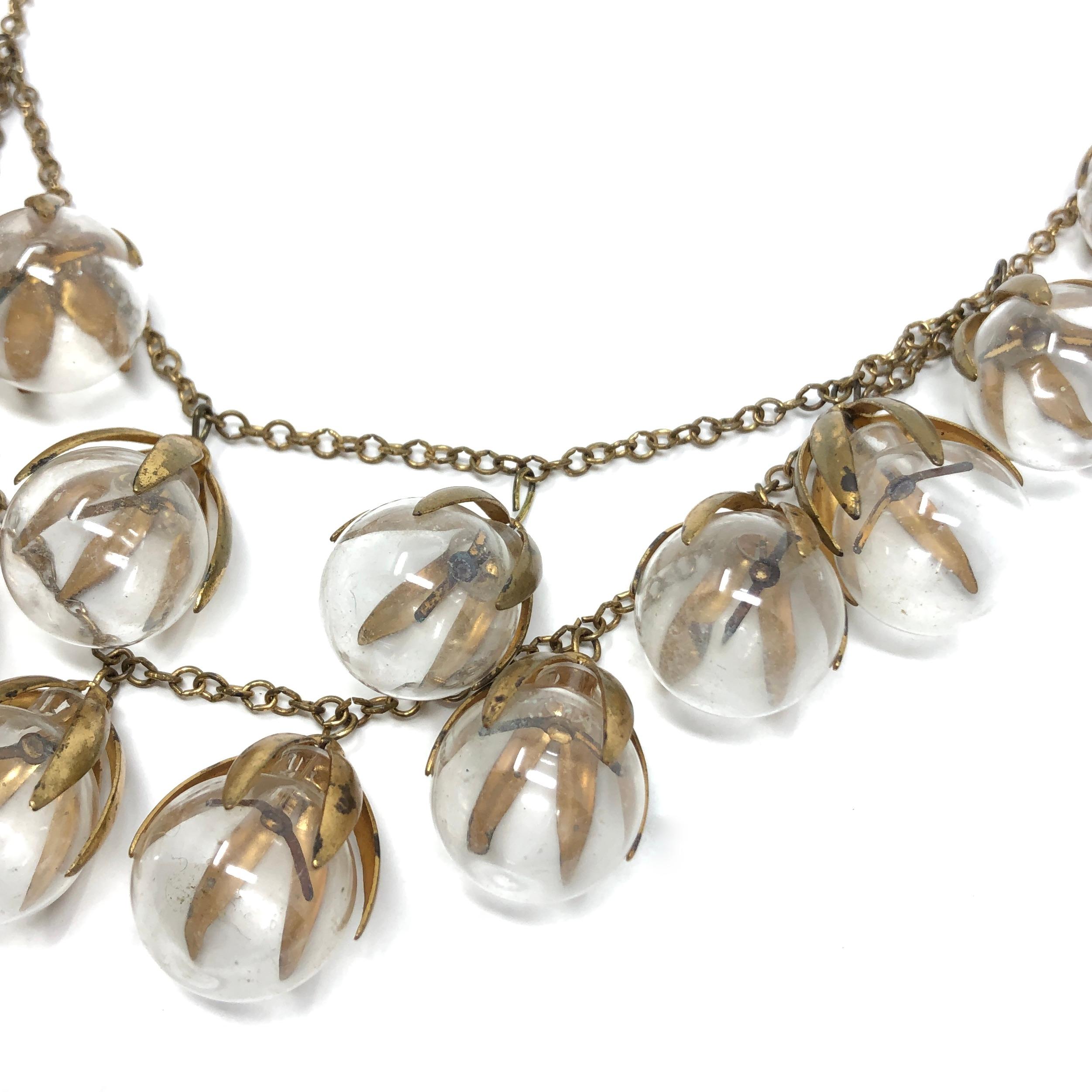 1930s Art Deco Gilded Metal Vintage Glass Bauble Necklace For Sale 3