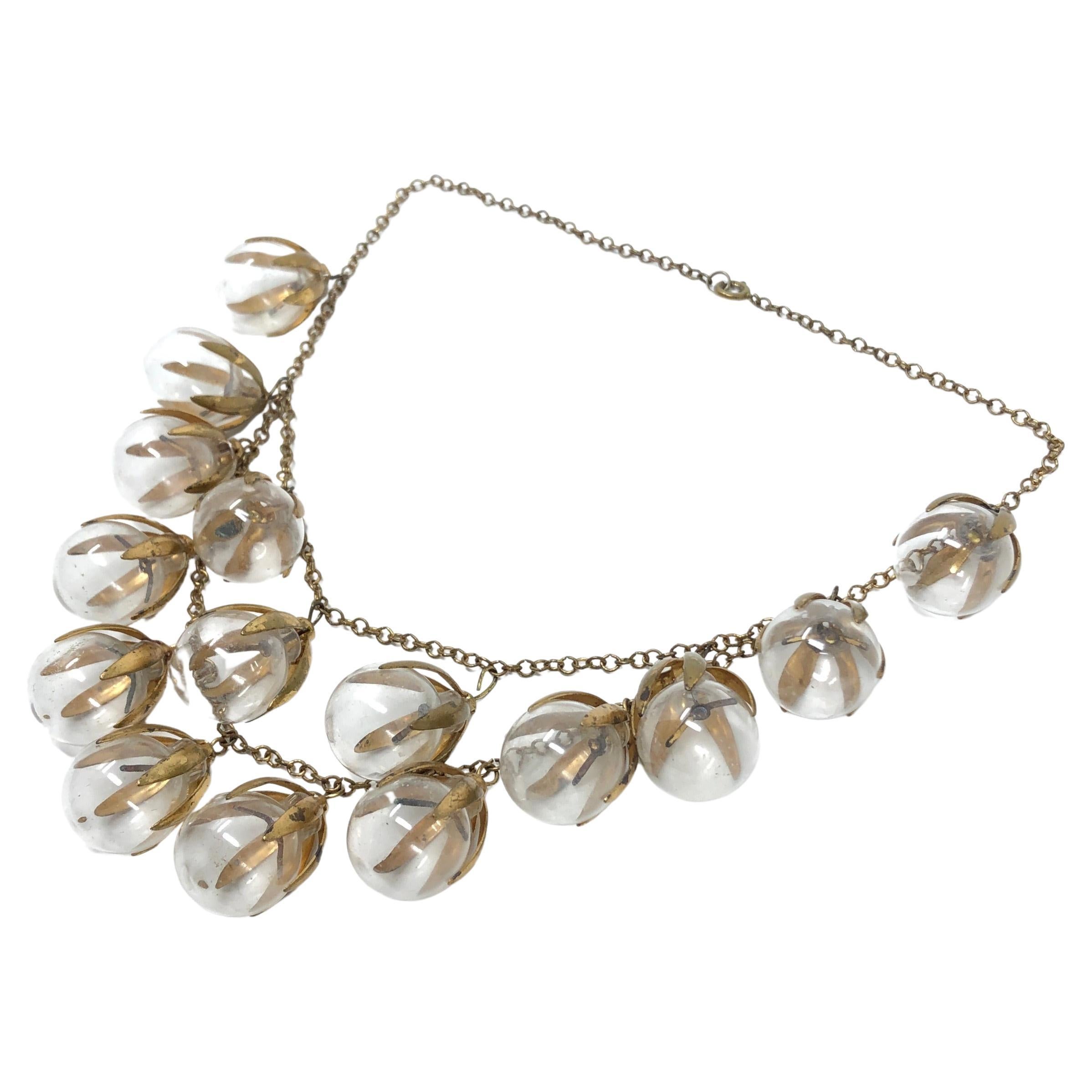 1930s Art Deco Gilded Metal Vintage Glass Bauble Necklace For Sale