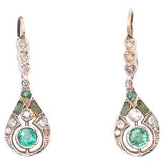 1930s Art Deco Gold and Platinum Earrings with Diamonds and Natural Emeralds