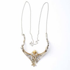 1930s Art Deco Gold and Platinum Necklace with Diamonds and Cultured Pearls