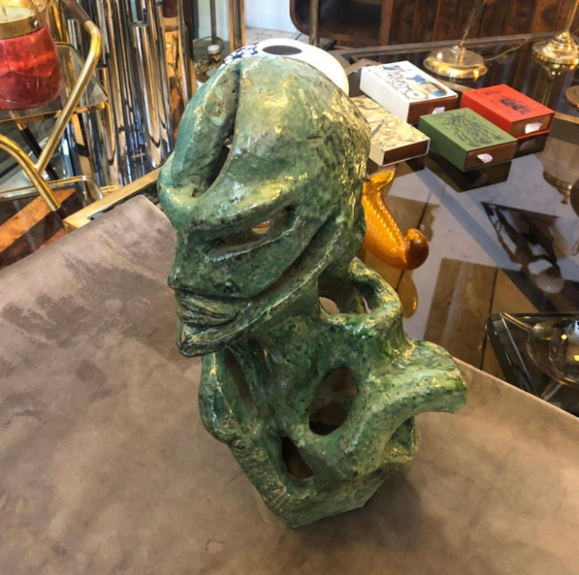 Hand-Crafted 1930s Futurist Green Ceramic Unique Italian Bust Sculpture 