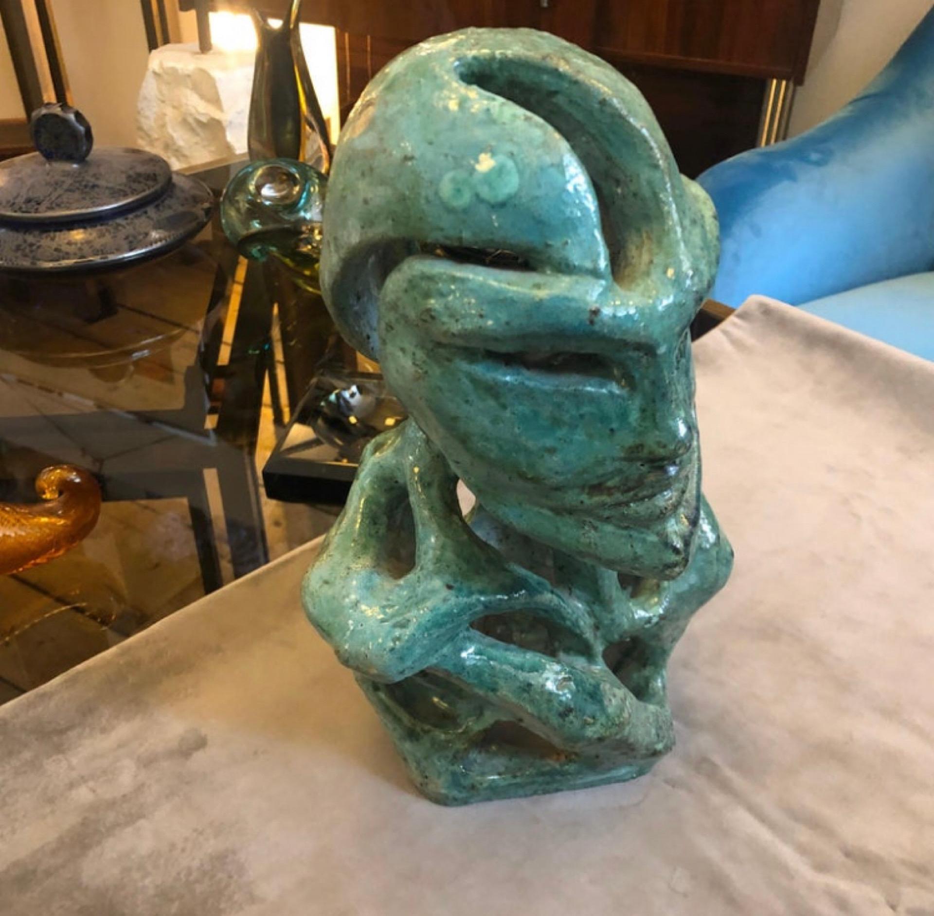 20th Century 1930s Futurist Green Ceramic Unique Italian Bust Sculpture 