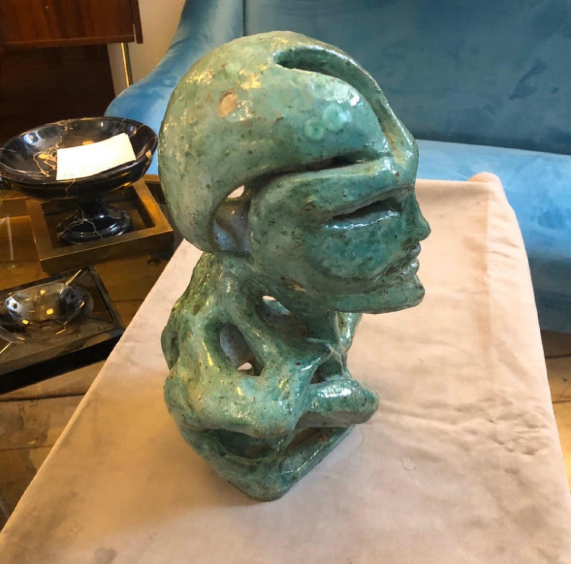 1930s Futurist Green Ceramic Unique Italian Bust Sculpture  1