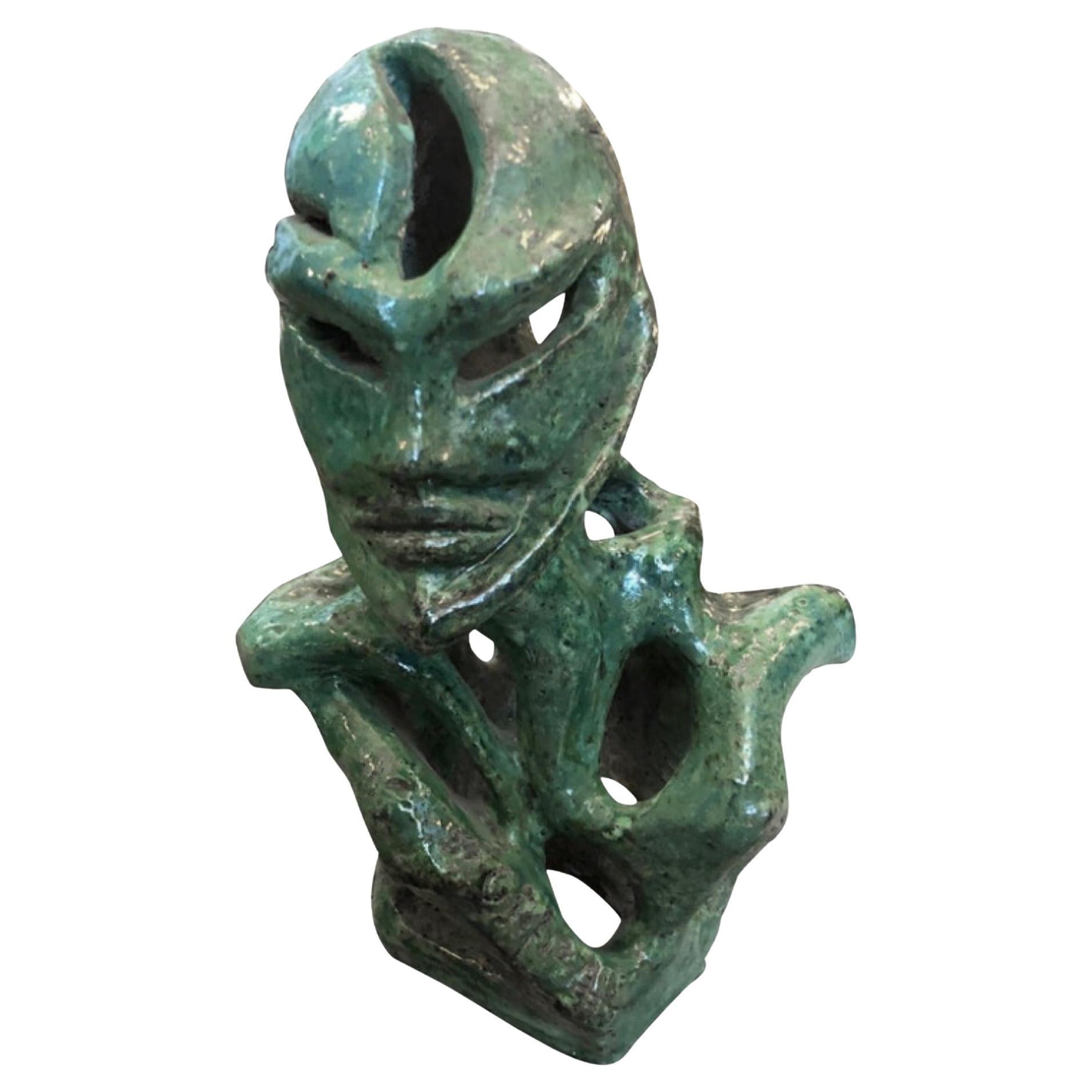 1930s Futurist Green Ceramic Unique Italian Bust Sculpture 