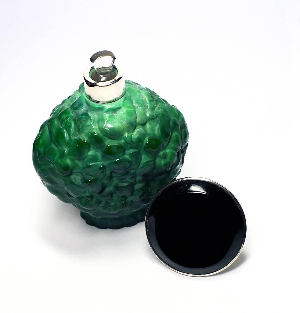 Czech 1930s Art Deco Green Malachite and Silver Perfume Bottle