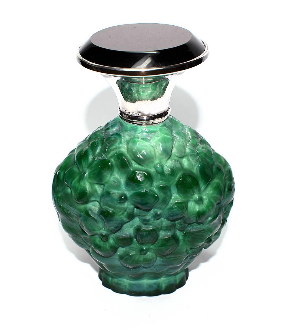 1930s Art Deco Green Malachite and Silver Perfume Bottle In Excellent Condition In Devon, England