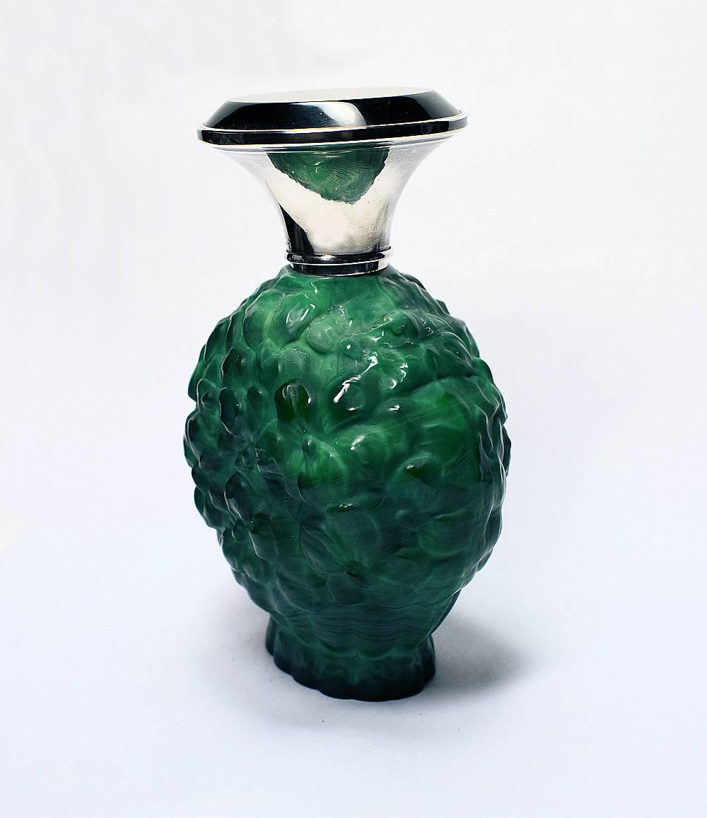 20th Century 1930s Art Deco Green Malachite and Silver Perfume Bottle