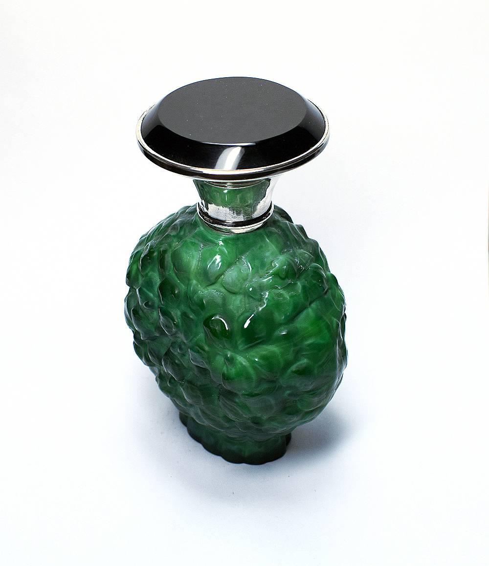 1930s Art Deco Green Malachite and Silver Perfume Bottle 1