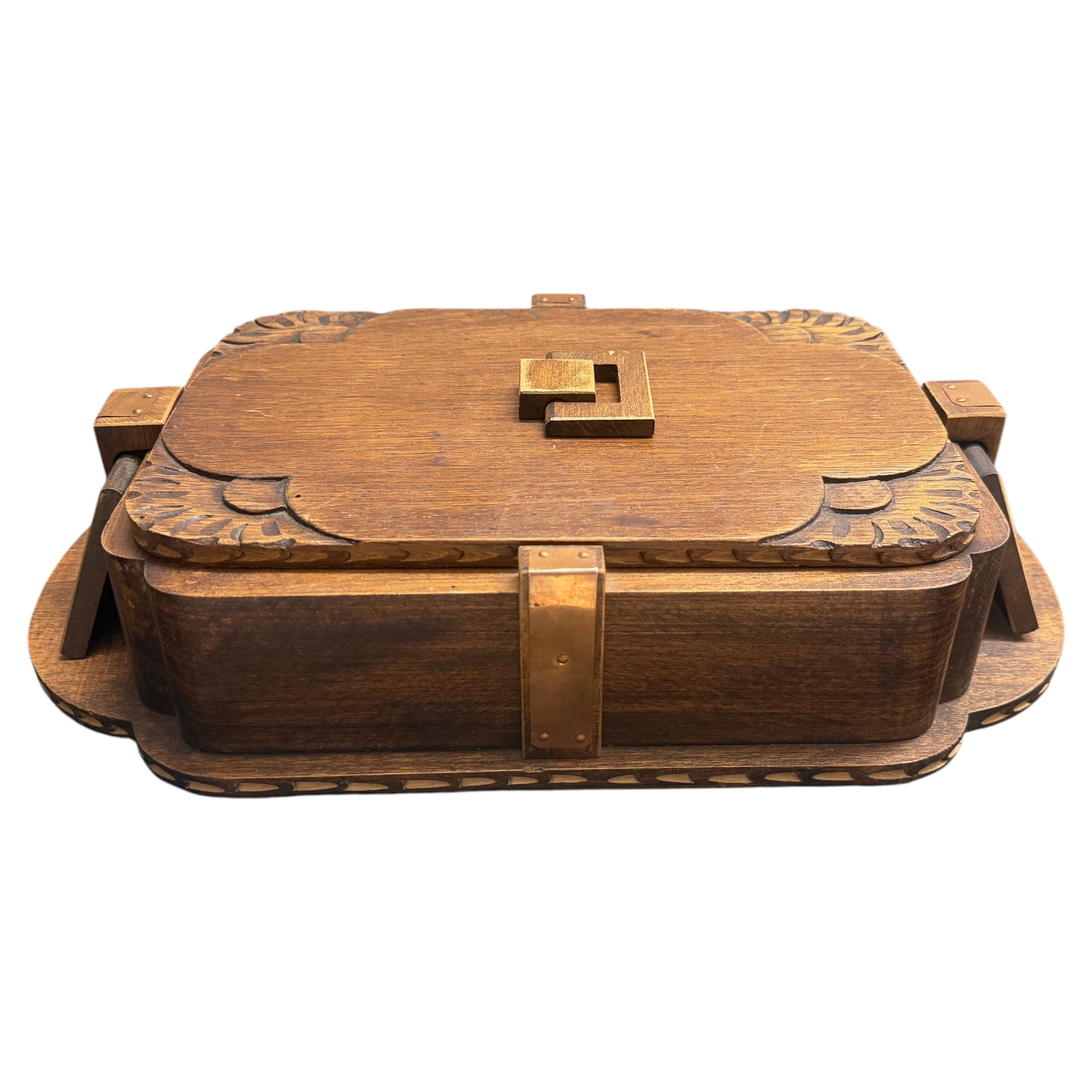 1930s Art Deco Hand-Carved Oak, Maple Wood and Brass Huge French Box