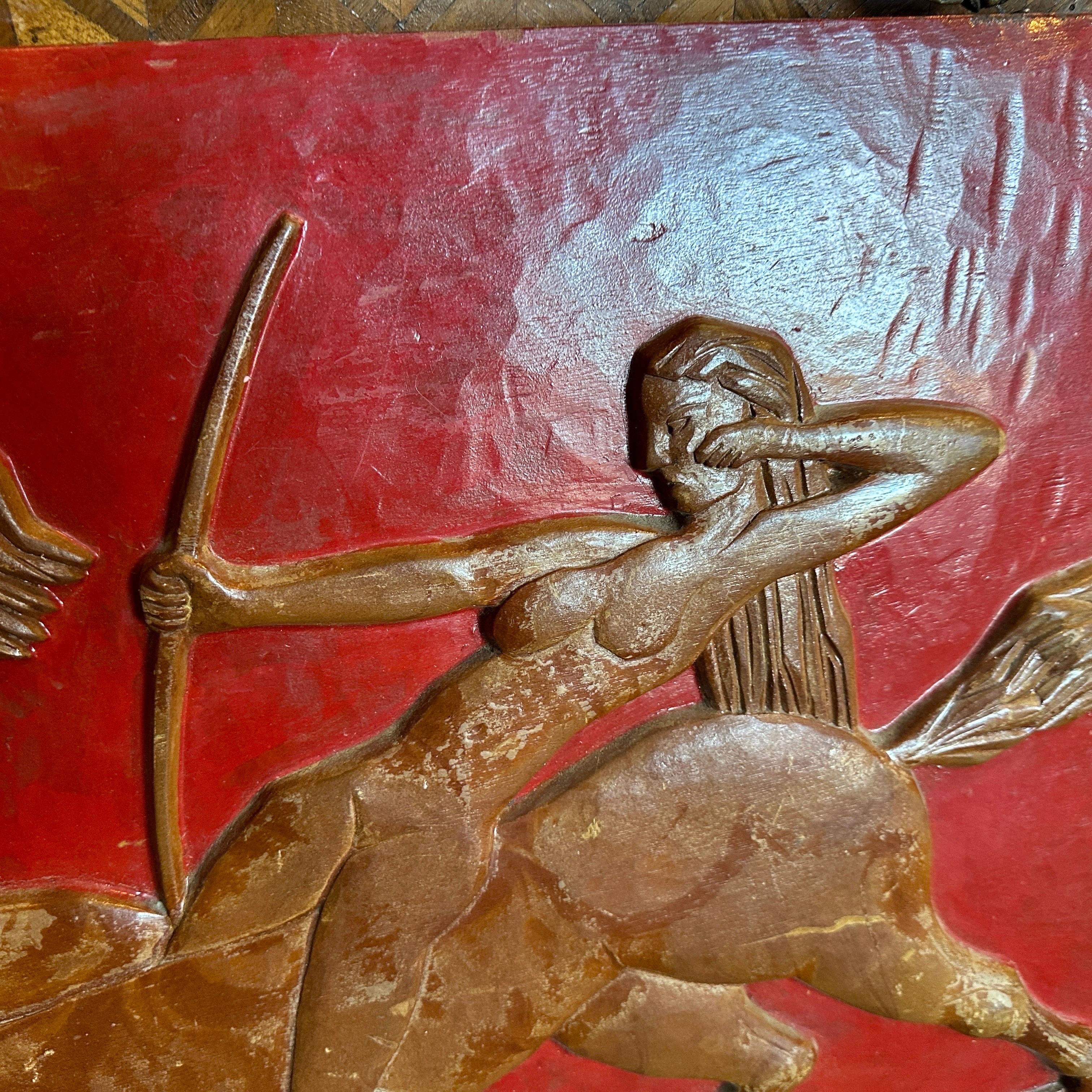 1930s Art Deco Hand-Carved Wood Amazons Low Relief by Mannini In Good Condition For Sale In Aci Castello, IT