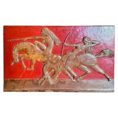 1930s Art Deco Hand-Carved Wood Amazons Low Relief by Mannini
