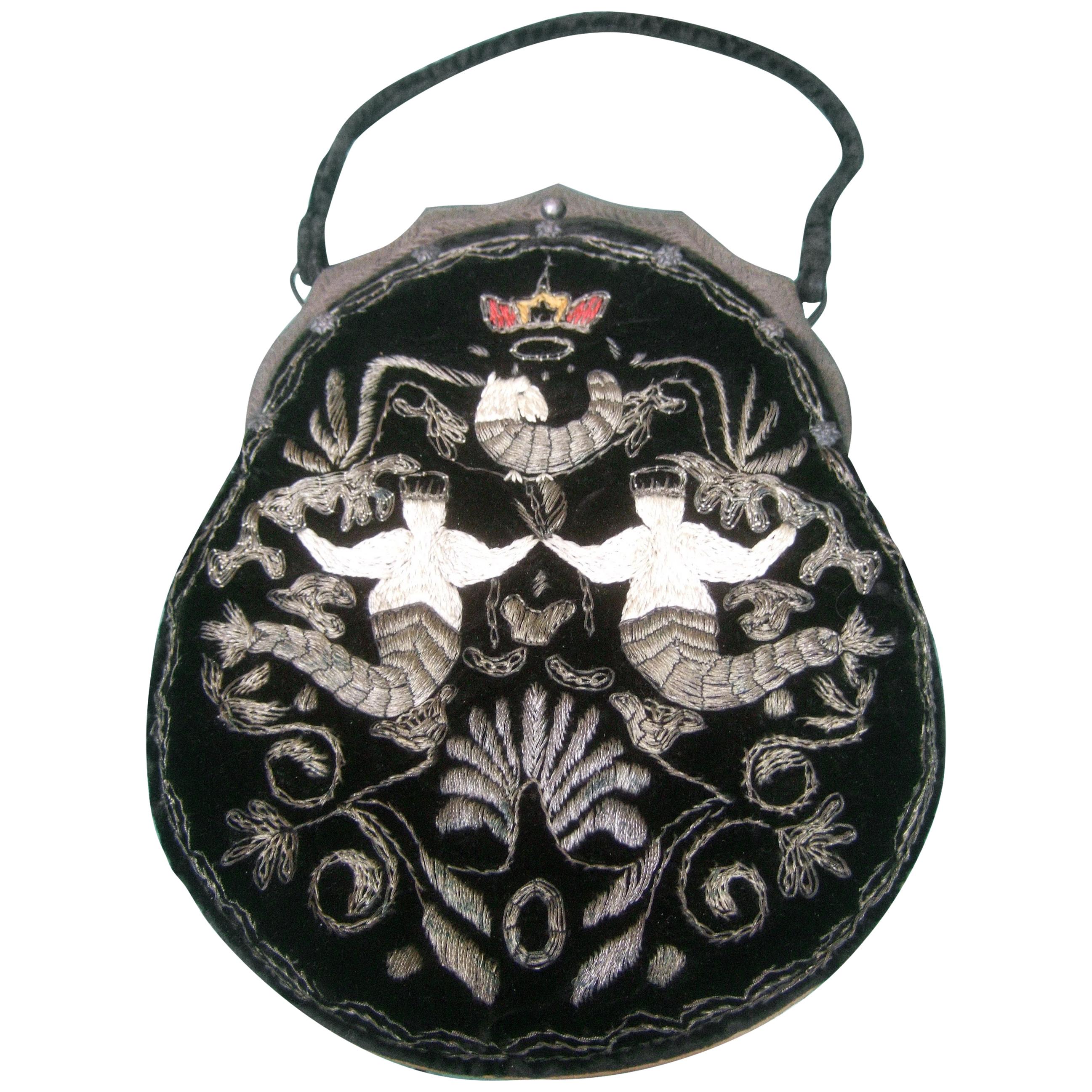 1930s Art Deco Hand Embroidered Artisan Black Velvet Mermaid's Evening Bag 
